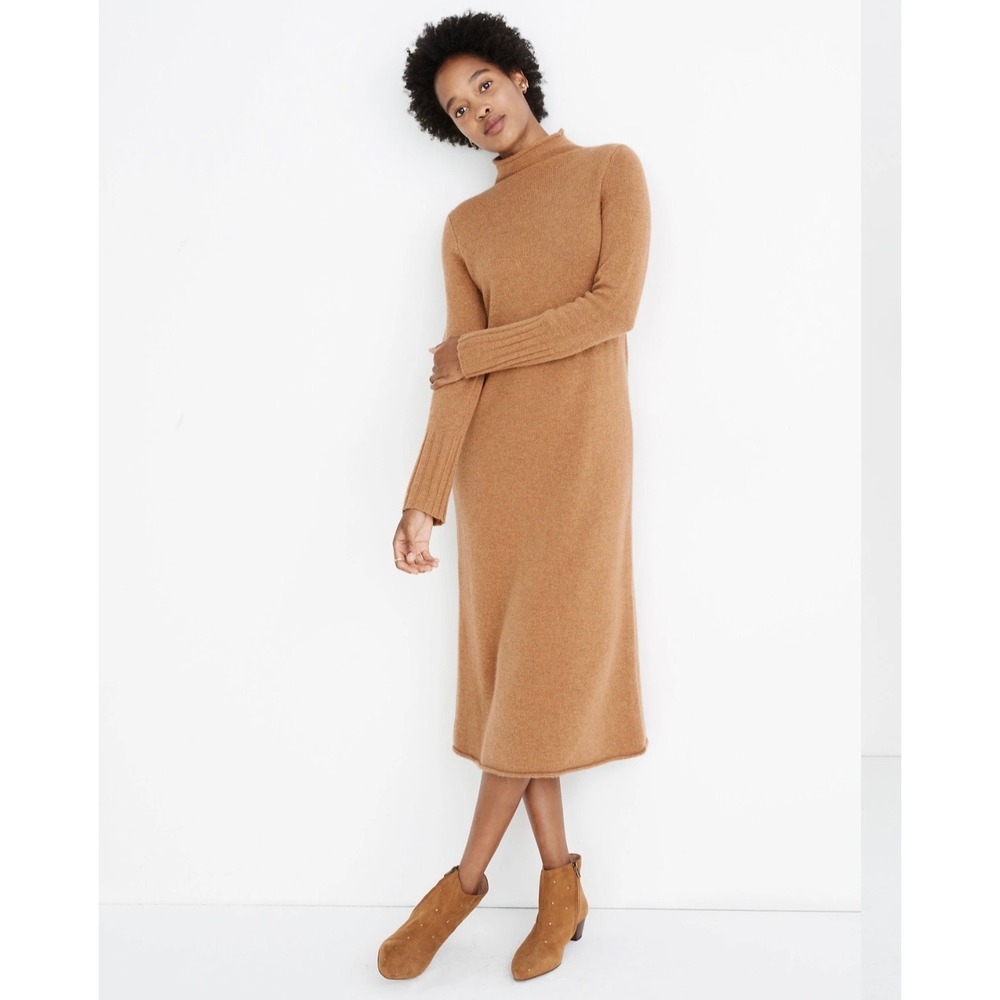 Madewell 100% Cashmere Mock Neck Sweater Dress Camel Tan Midi Small